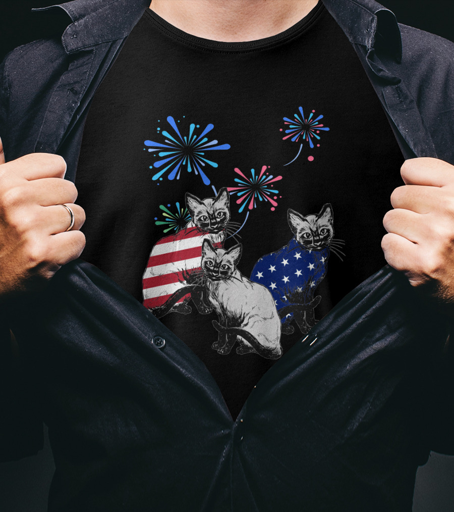 SiameseJuly Cats With Fireworks And American Flag T-Shirt