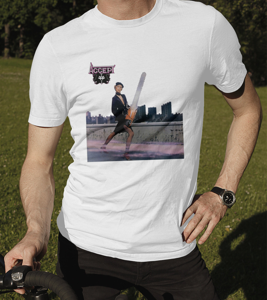 Accept Chainsaw Woman Cityscape Scene T-Shirt