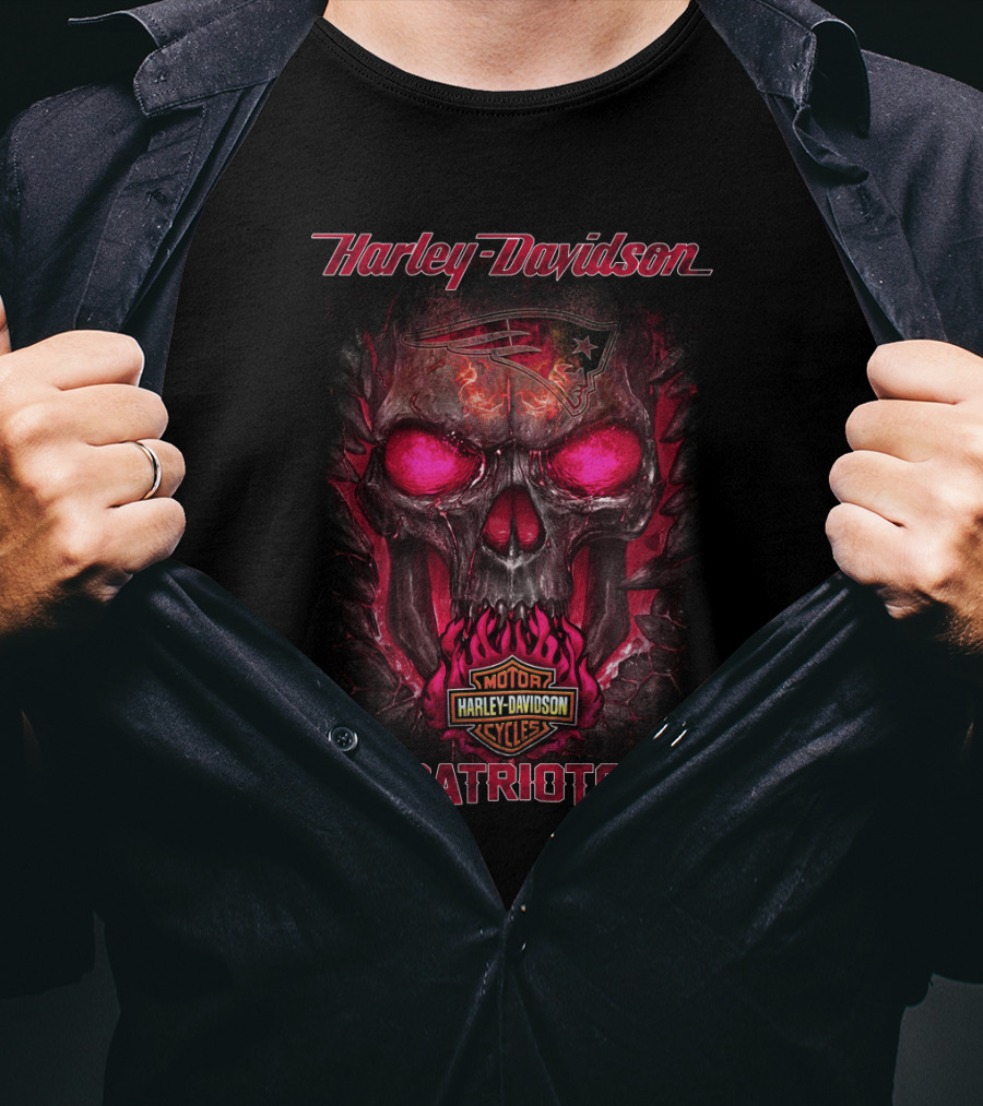 Harley Davidson Motorcycle Skull New England Patriots T-Shirt