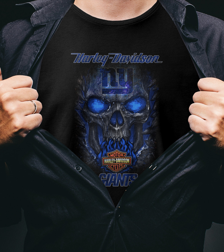 Harley Davidson New York Giants Skull And Motor Cycles T-Shirt