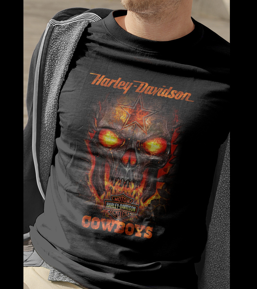 Harley Davidson Cowboys Skull With Star Emblem Flames T-Shirt