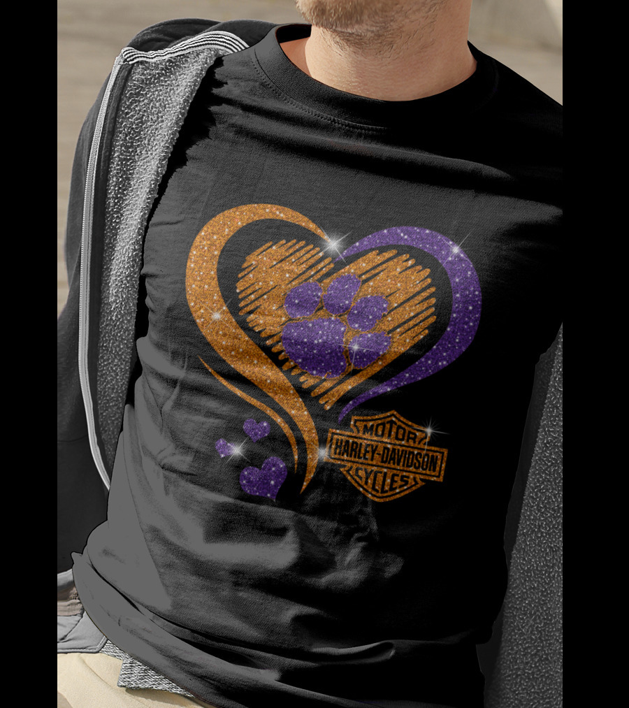 Clemson Tigers Purple Paw Heart Harley Davidson T-Shirt