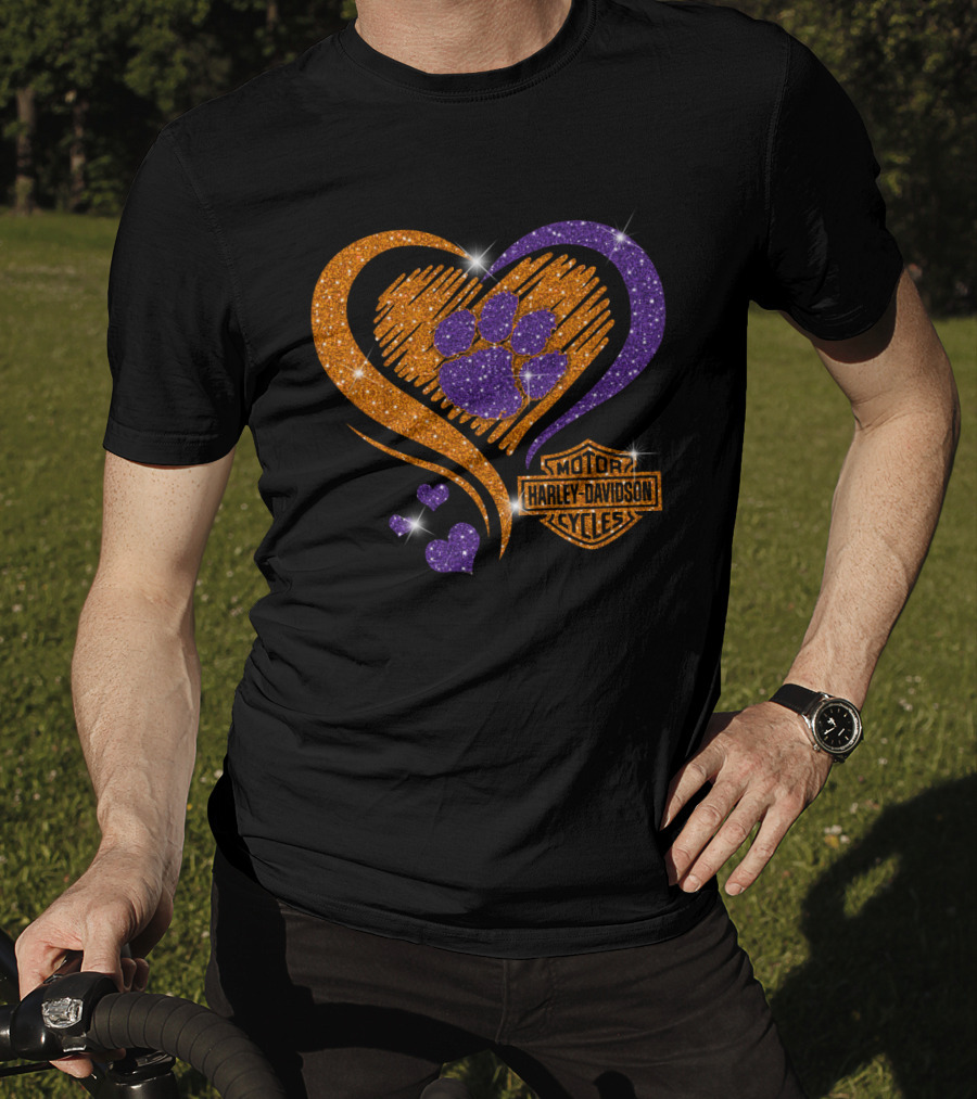 Clemson Tigers Purple Paw Heart Harley Davidson T-Shirt