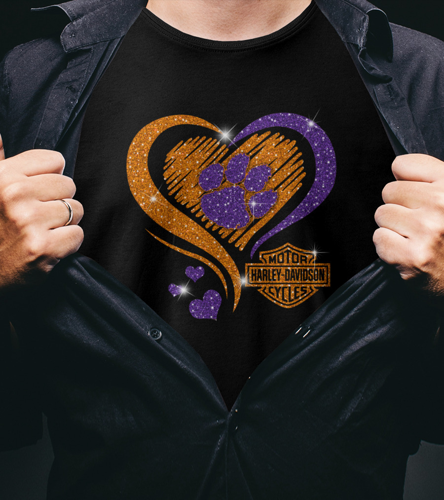 Clemson Tigers Purple Paw Heart Harley Davidson T-Shirt