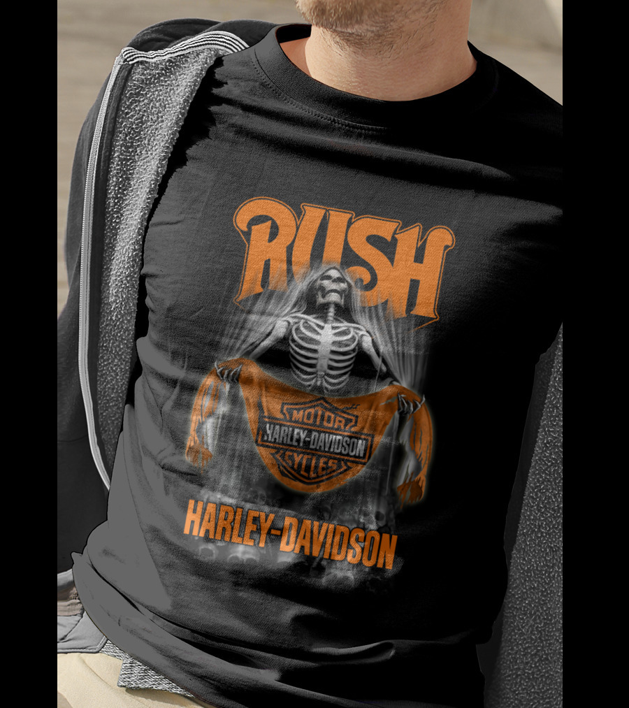 Rush Harley Davidson Motor Cycles Skeleton Orange T-Shirt