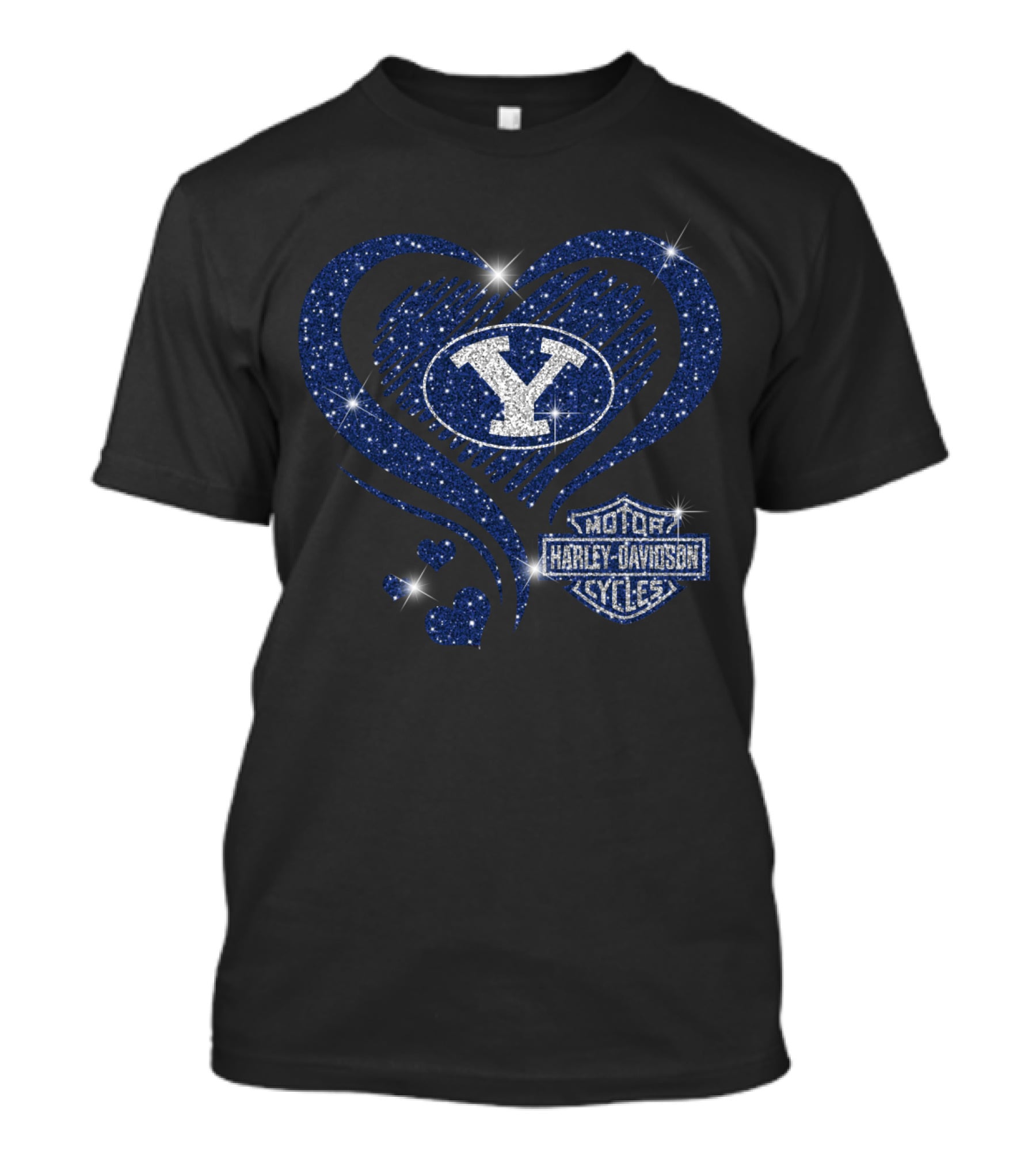 Byu Cougars Y Logo And Harley Davidson Motorcycles Blue Heart T-Shirt