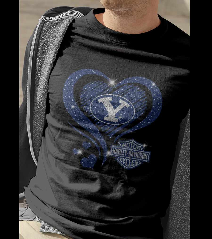 Byu Cougars Y Logo And Harley Davidson Motorcycles Blue Heart T-Shirt