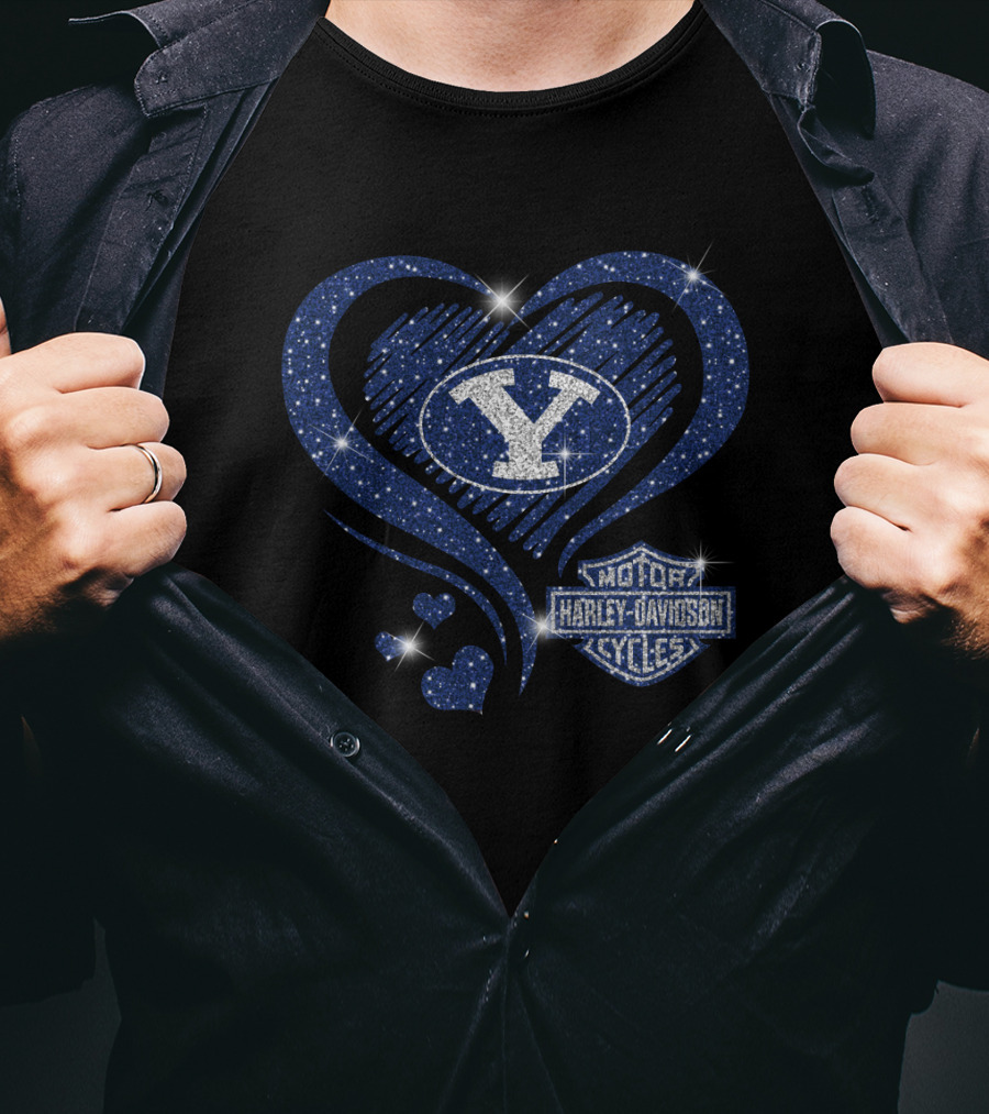 Byu Cougars Y Logo And Harley Davidson Motorcycles Blue Heart T-Shirt