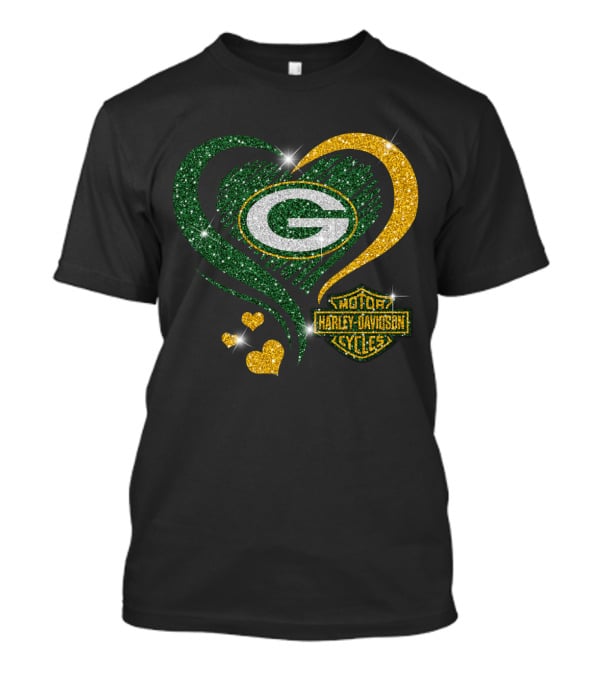 Green Bay Packers Harley Davidson Sparkling Heart T-Shirt