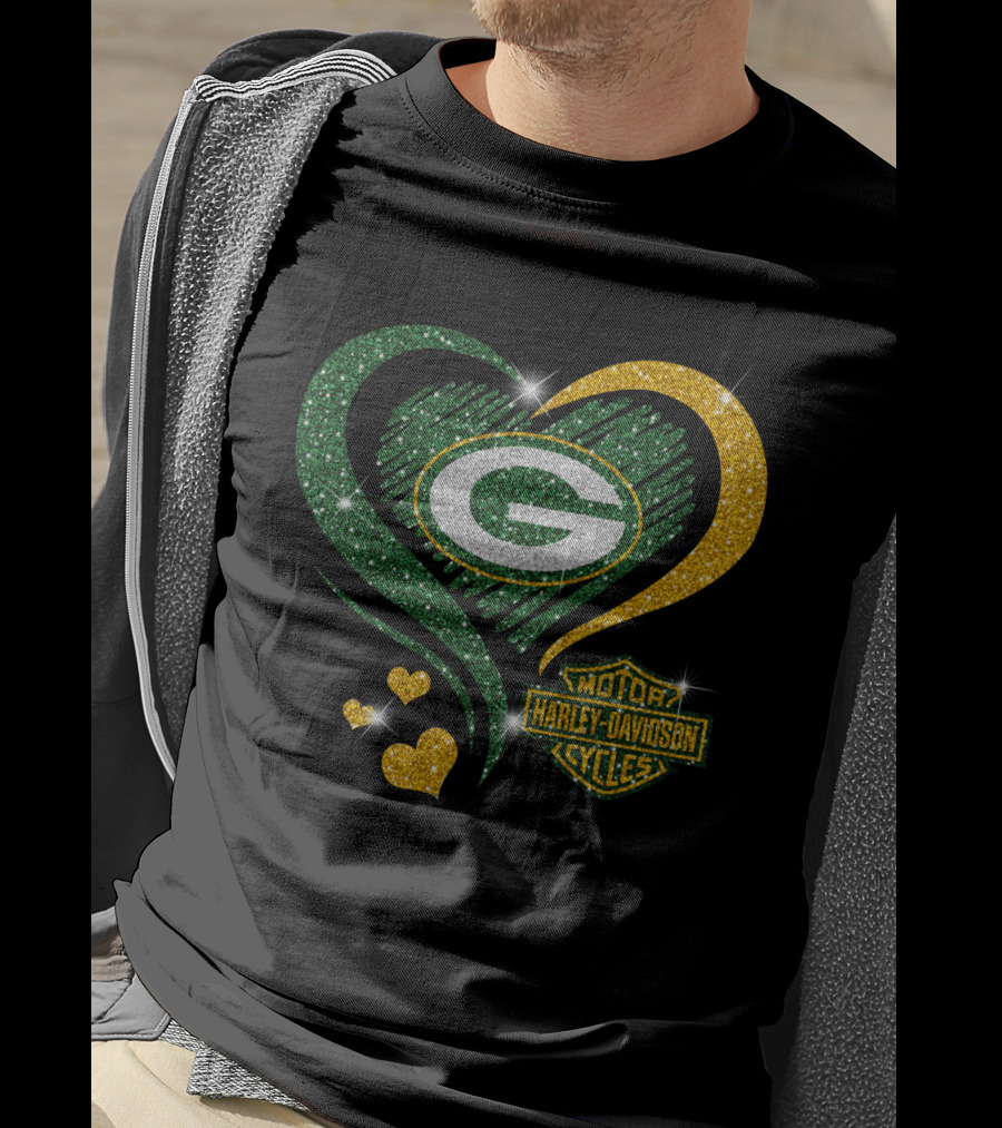 Green Bay Packers Harley Davidson Sparkling Heart T-Shirt