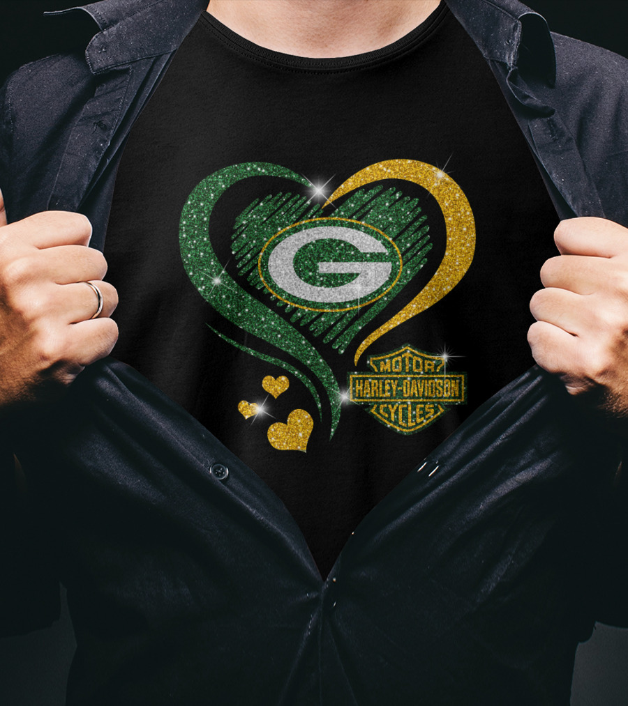 Green Bay Packers Harley Davidson Sparkling Heart T-Shirt