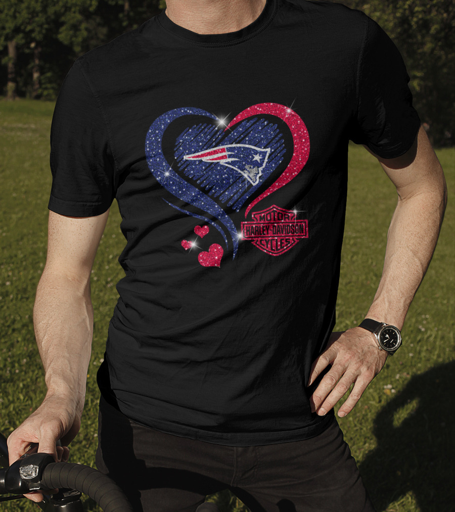 Hd New England Patriots Harley Davidson Heart Sparkle T-Shirt
