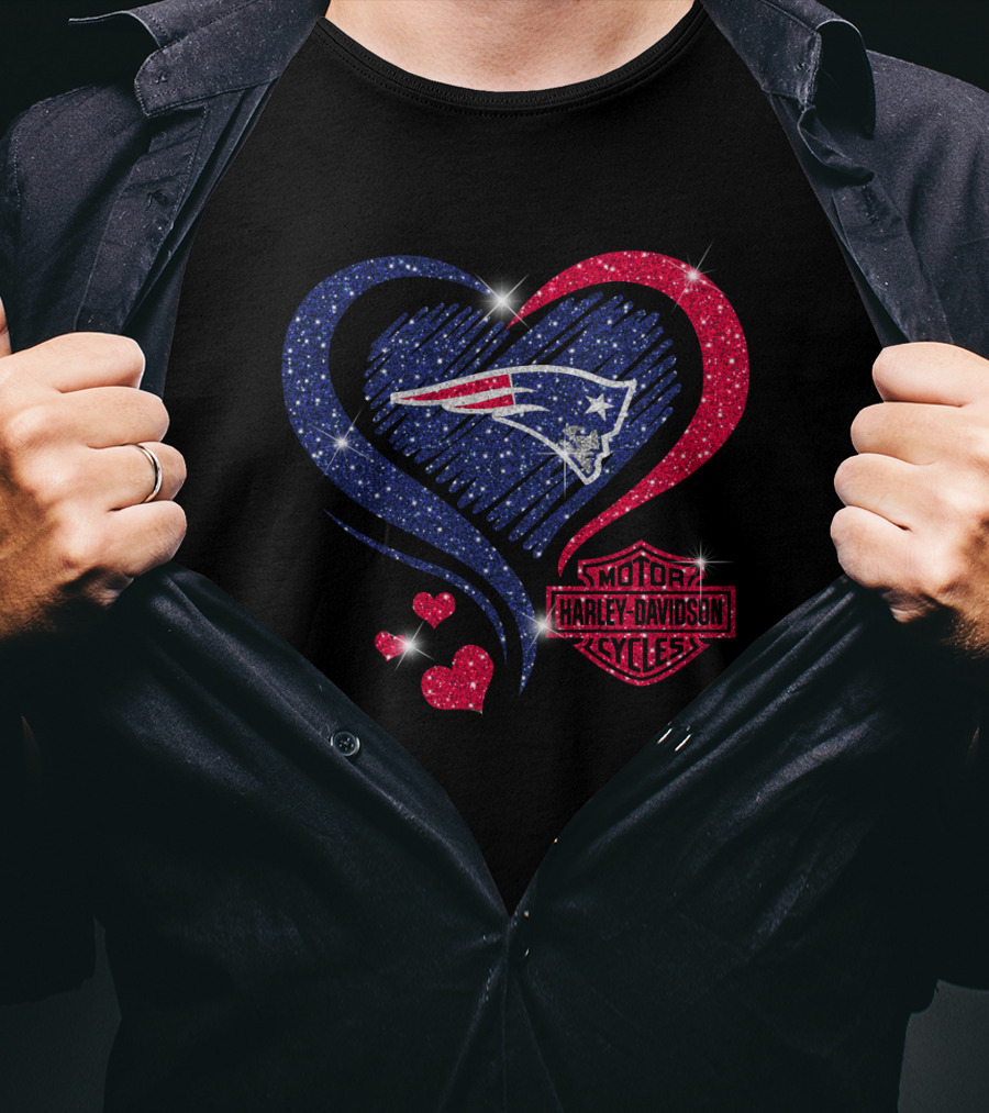 Hd New England Patriots Harley Davidson Heart Sparkle T-Shirt