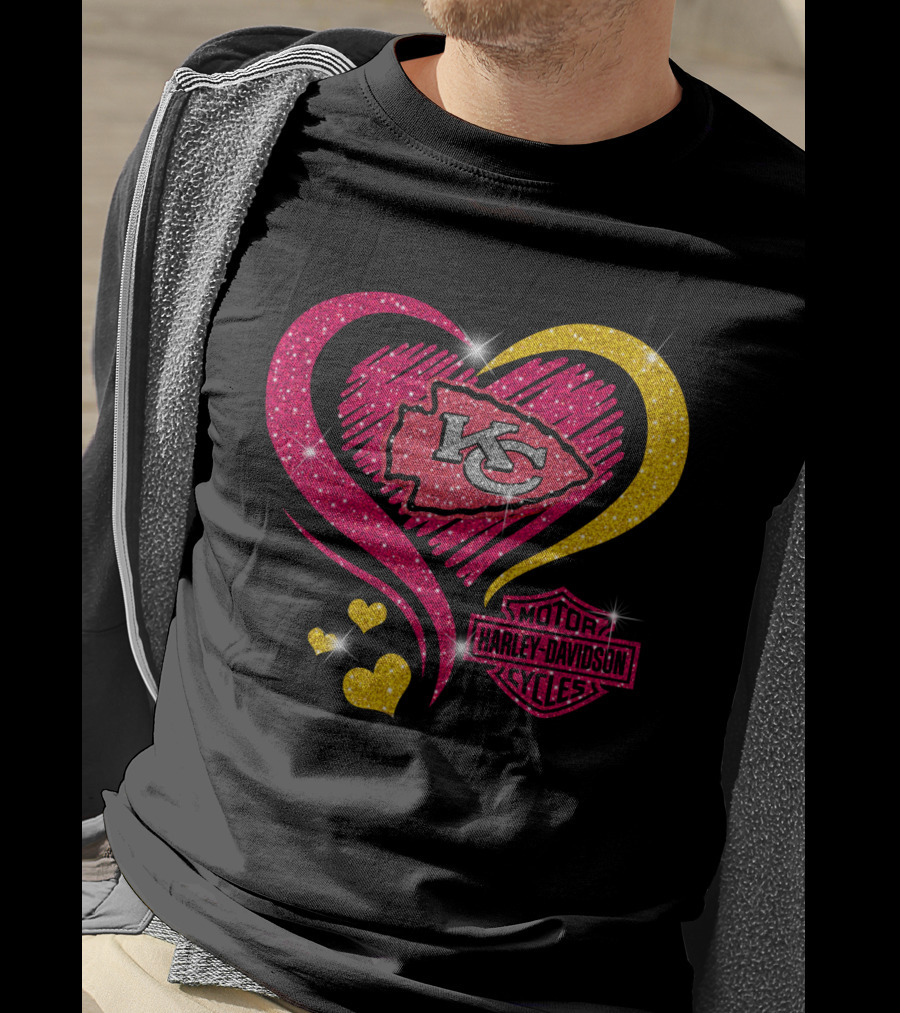 Kansas City Chiefs Harley Davidson Motorcycles Heart Kc Logo Glitter T-Shirt