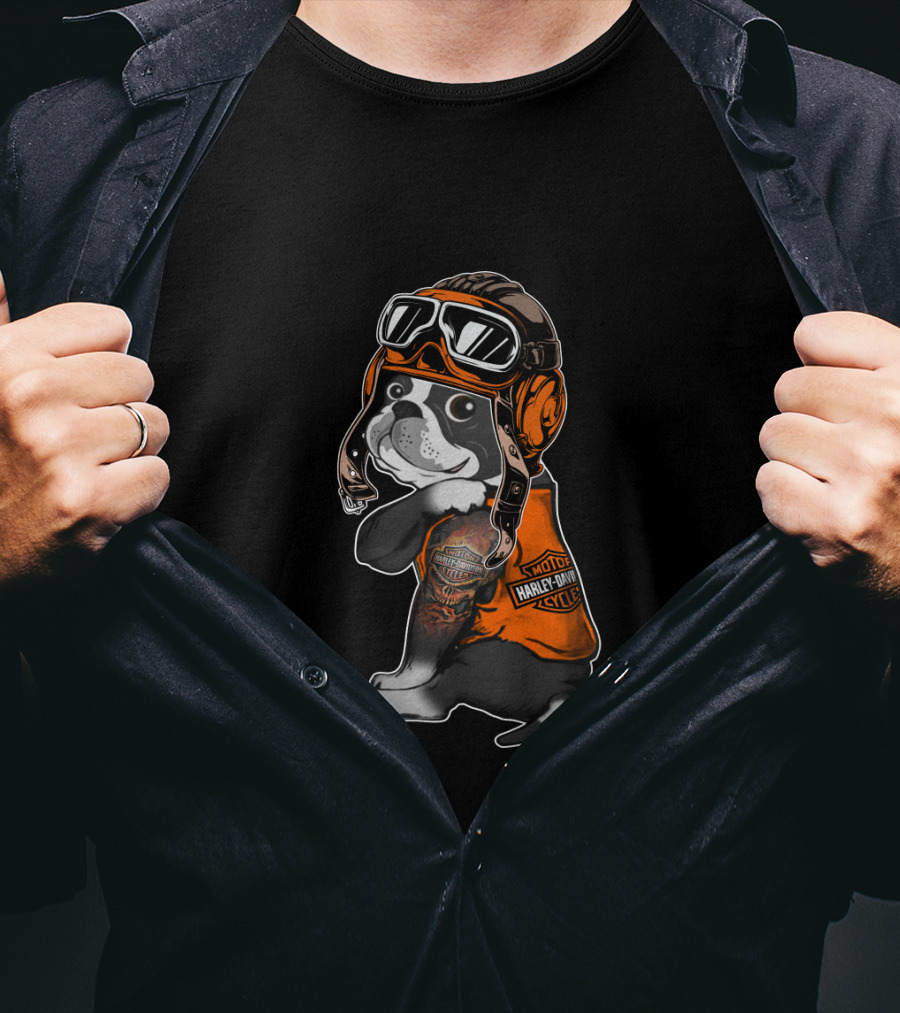 Hd Tatoo Boston Terrier Harley Davidson Moto Goggles T-Shirt