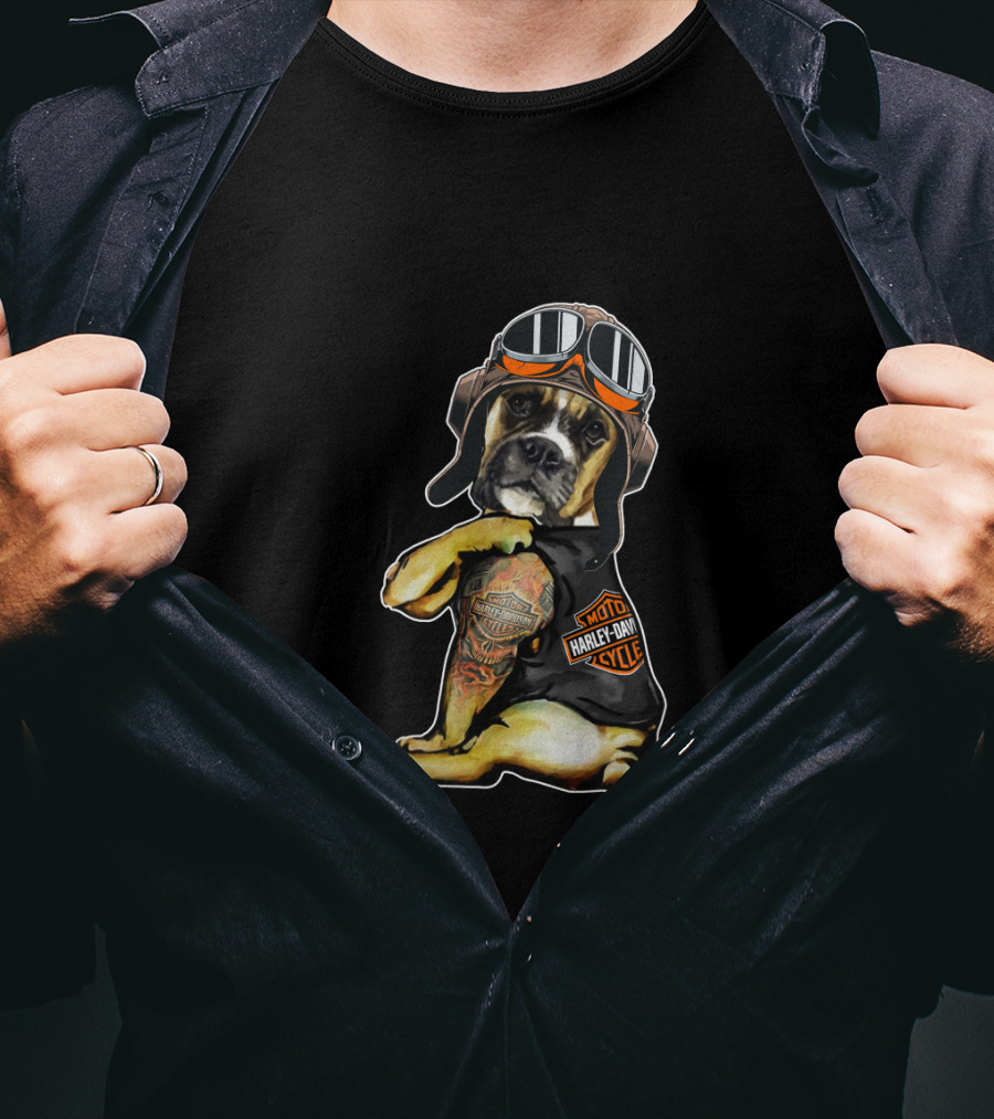 Harley Davidson Tattoo Boxer Dog With Goggles T-Shirt
