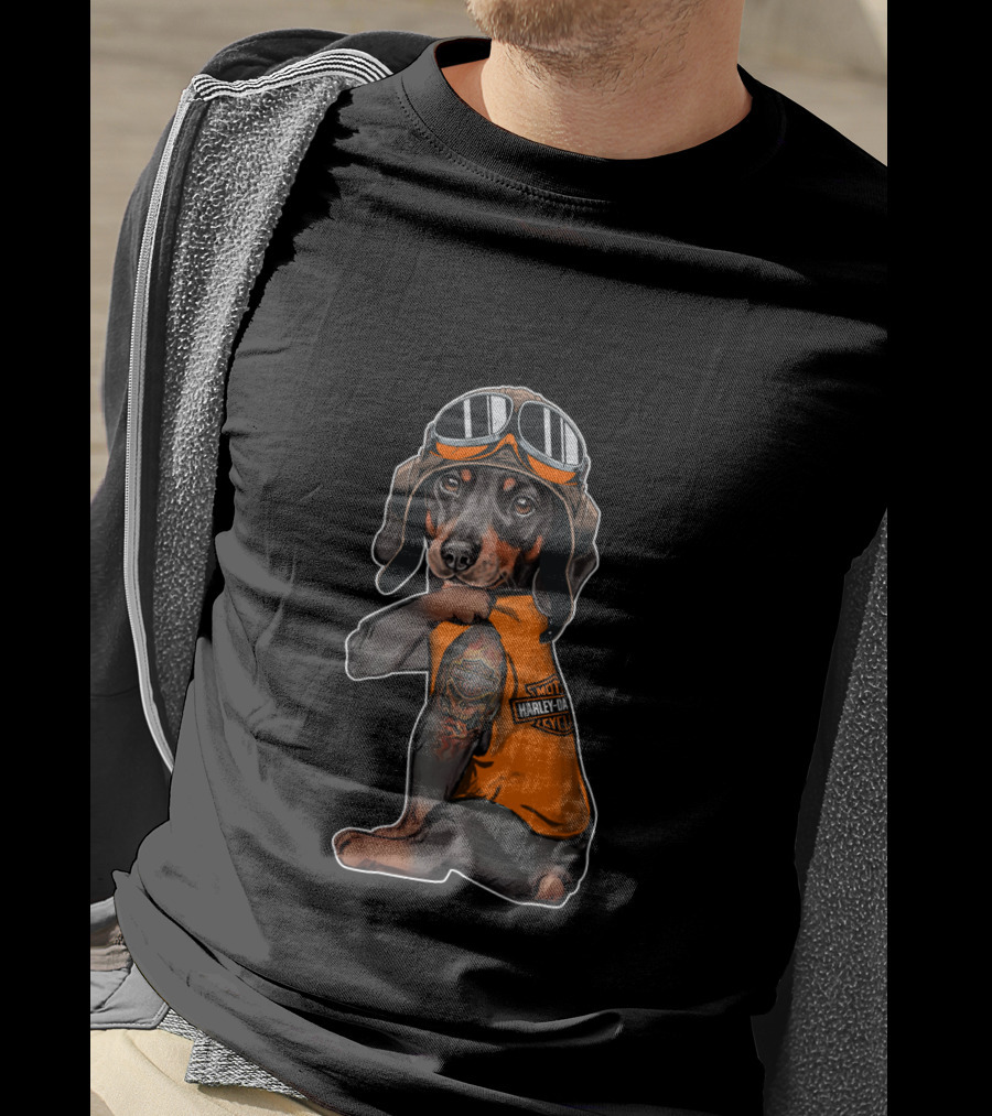 Hd Tatoo Dachshund In Harley Davidson Biker Gear T-Shirt