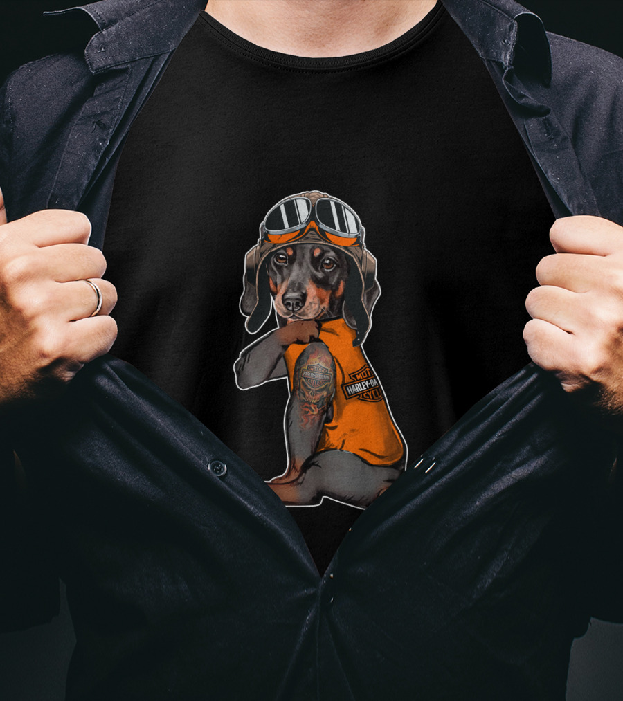 Hd Tatoo Dachshund In Harley Davidson Biker Gear T-Shirt