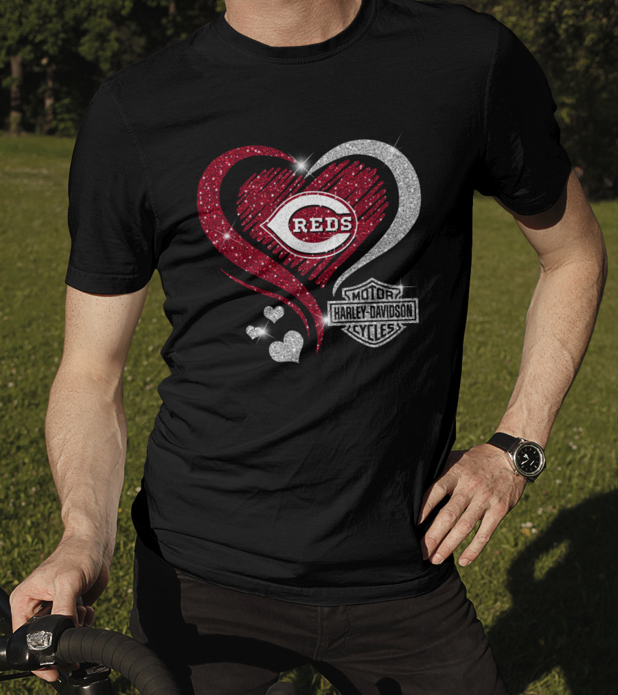0307Hd Cincinnati Reds Harley Davidson Sparkling Heart T-Shirt