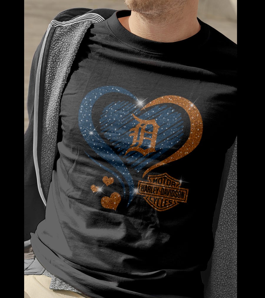 Motor Harley Davidson Cycles Detroit Tigers Sparkle Heart T-Shirt