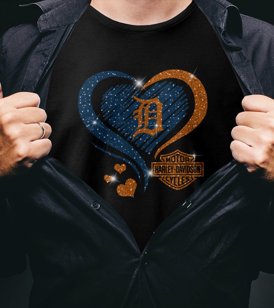 Motor Harley Davidson Cycles Detroit Tigers Sparkle Heart T-Shirt