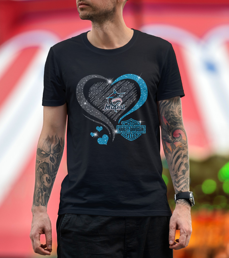Miami Marlins Heart Sparkle Harley Davidson T-Shirt