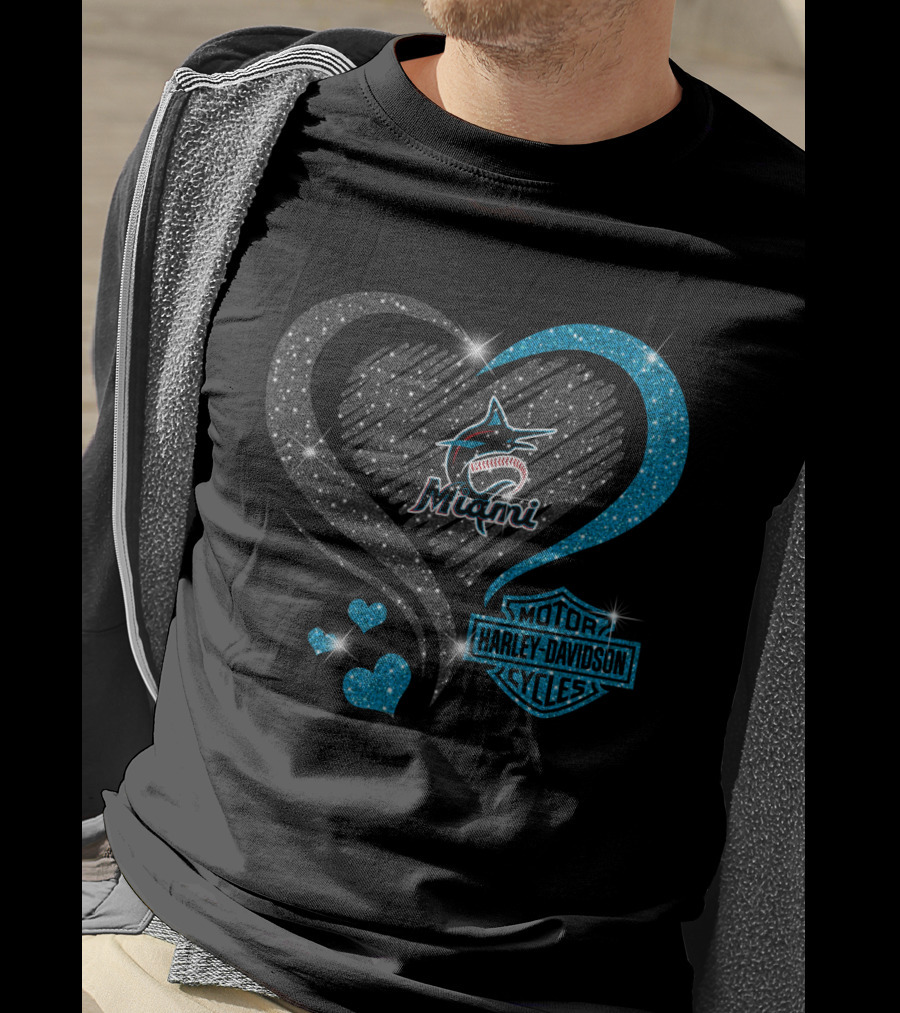 Miami Marlins Heart Sparkle Harley Davidson T-Shirt