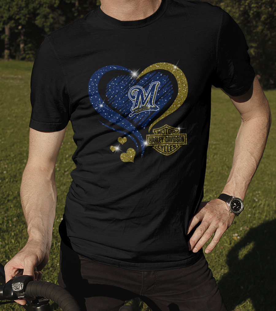Milwaukee Brewers Heart With Harley Davidson T-Shirt