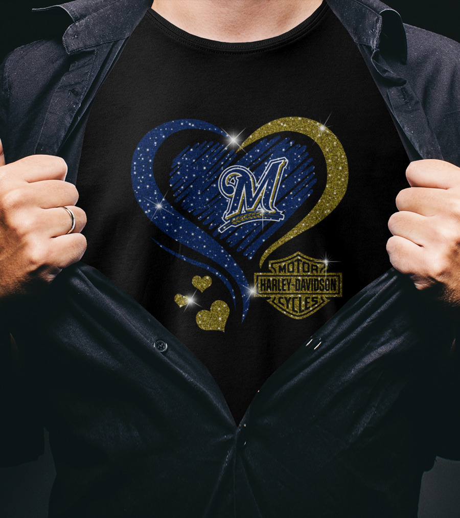 Milwaukee Brewers Heart With Harley Davidson T-Shirt