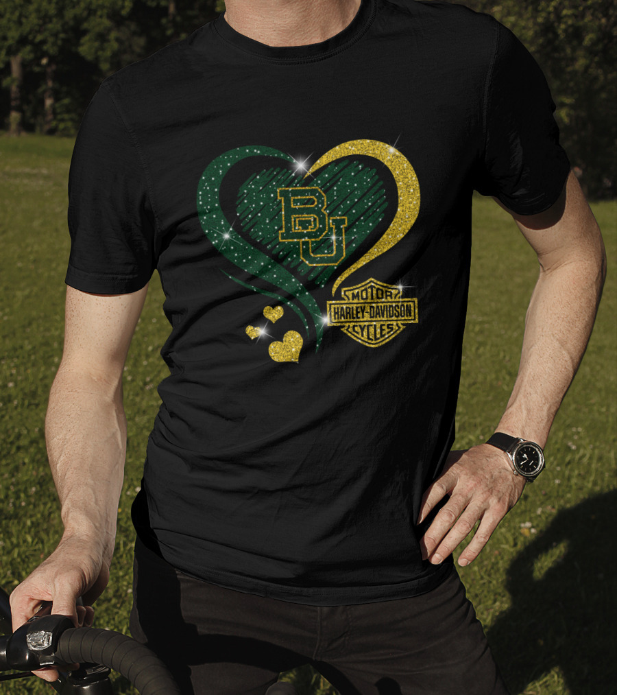 Bu Baylor Bears Harley Davidson Sparkling Heart T-Shirt