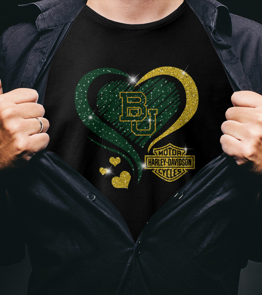Bu Baylor Bears Harley Davidson Sparkling Heart T-Shirt