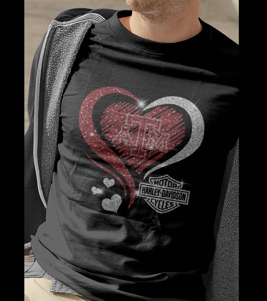 Atm Texas A&M Aggies Harley Davidson Motor Cycles Sparkling Heart T-Shirt