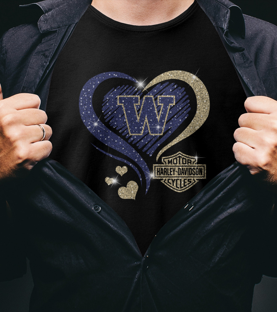 W Washington Huskies Harley Davidson Motorcycles Sparkling Heart T-Shirt