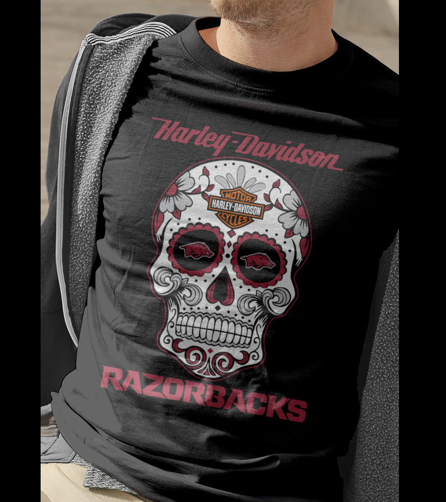 Harley Davidson Razorbacks Sugar Skull Motor Cycles T-Shirt