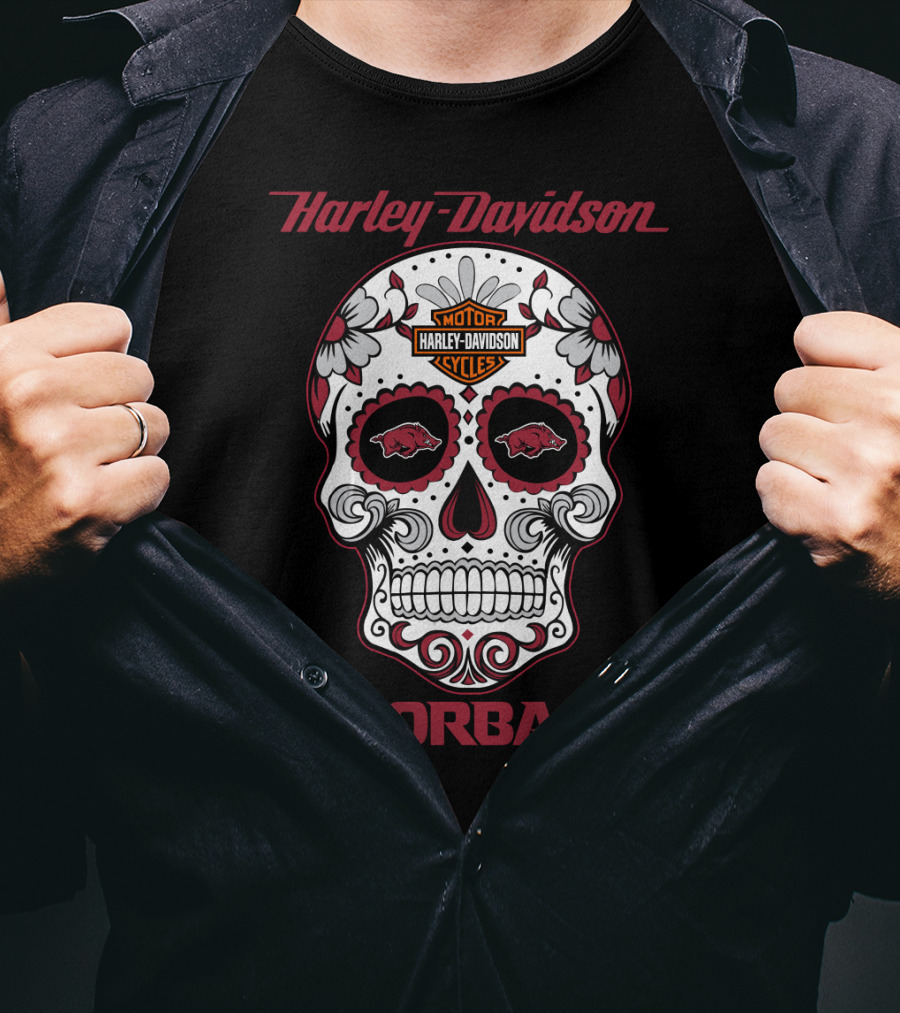 Harley Davidson Razorbacks Sugar Skull Motor Cycles T-Shirt