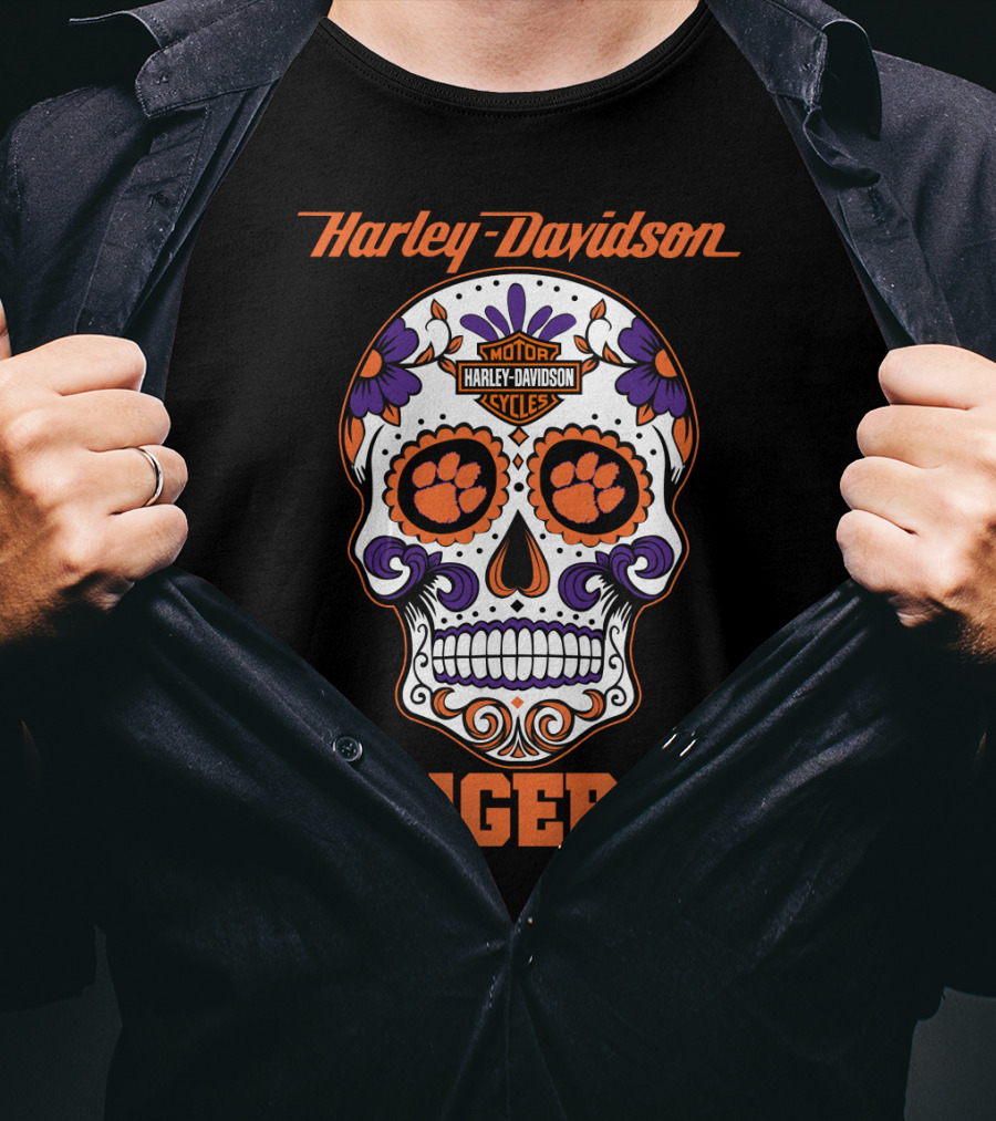 Harley Davidson Motor Cycles Clemson Tigers Skull T-Shirt