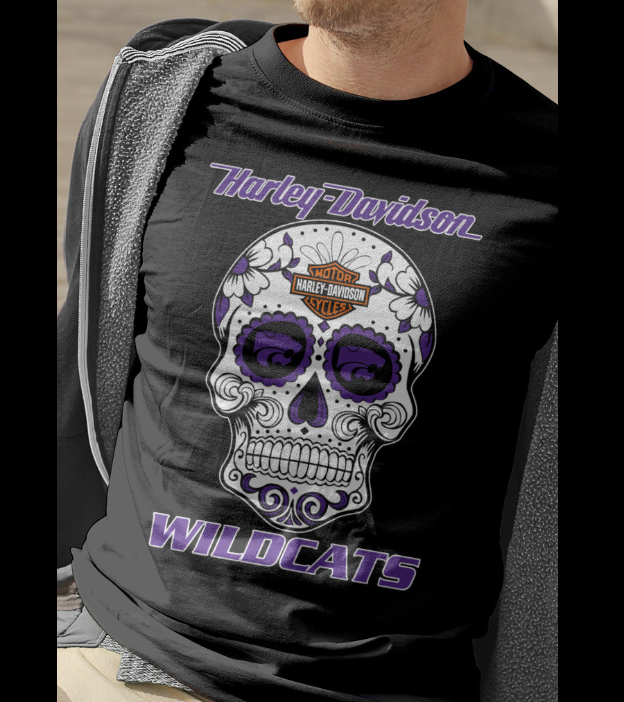 Harley Davidson Wildcats Kansas State Motor Cycles Day Of The Dead Skull T-Shirt