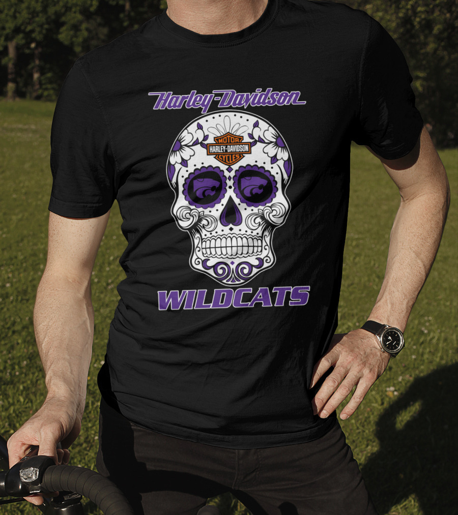 Harley Davidson Wildcats Kansas State Motor Cycles Day Of The Dead Skull T-Shirt