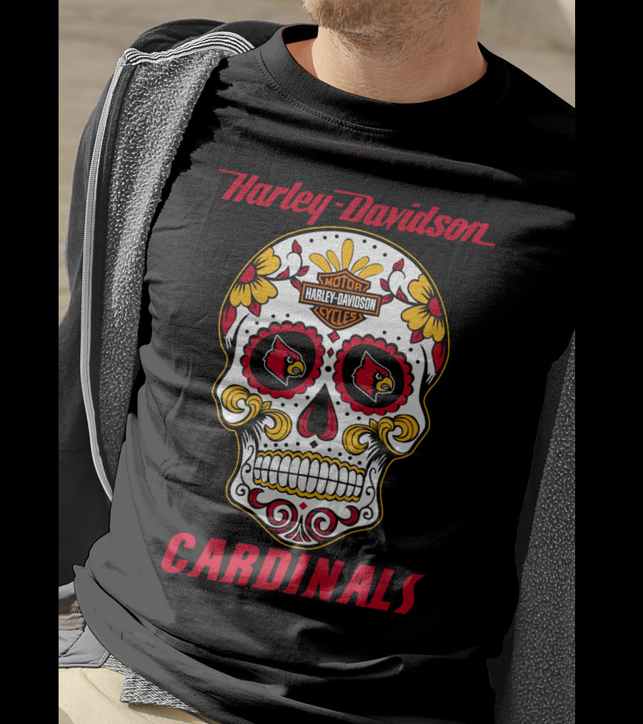 Harley Davidson Louisville Cardinals Dia De Los Muertos Skull T-Shirt