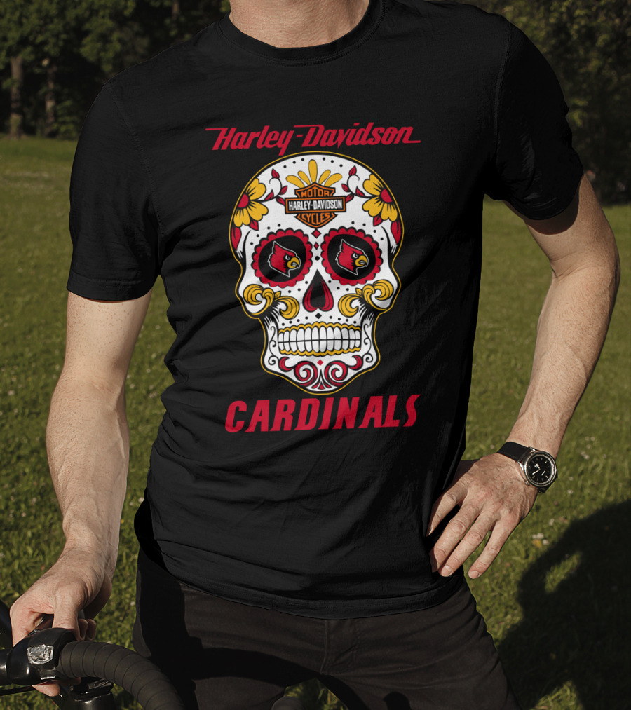 Harley Davidson Louisville Cardinals Dia De Los Muertos Skull T-Shirt