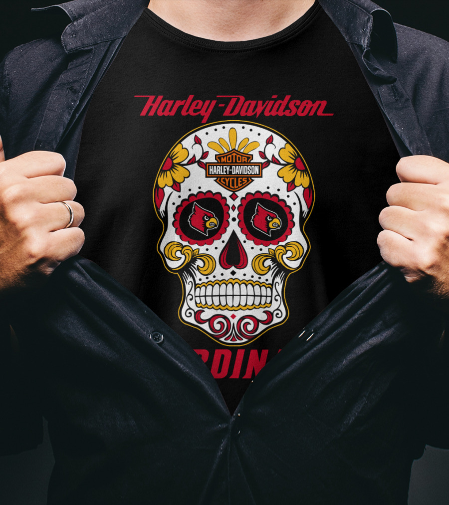Harley Davidson Louisville Cardinals Dia De Los Muertos Skull T-Shirt