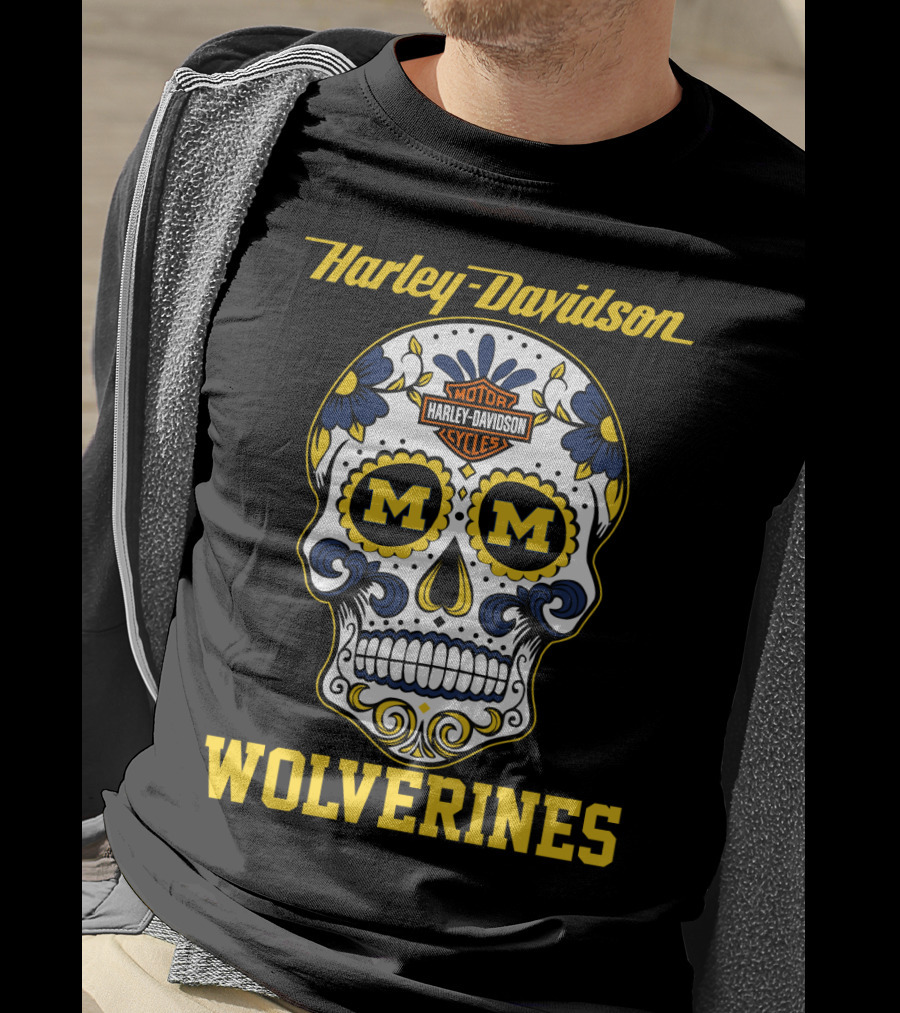 Harley Davidson Motor Cycles Michigan Wolverines Skull T-Shirt