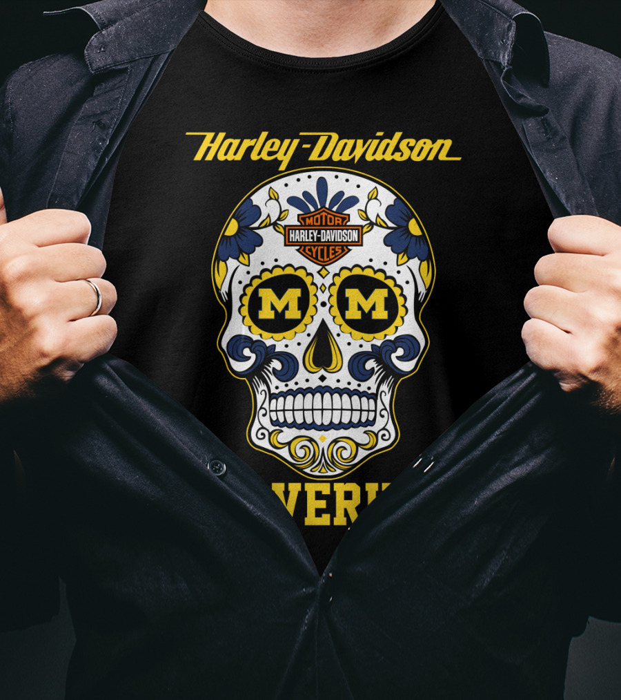 Harley Davidson Motor Cycles Michigan Wolverines Skull T-Shirt