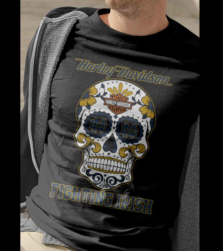 Harley Davidson Motor Cycles Notre Dame Nd Fighting Irish Skull T-Shirt