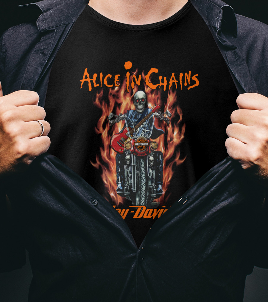 Alice In Chains Harley Davidson Skulls And Guitars Flames T-Shirt