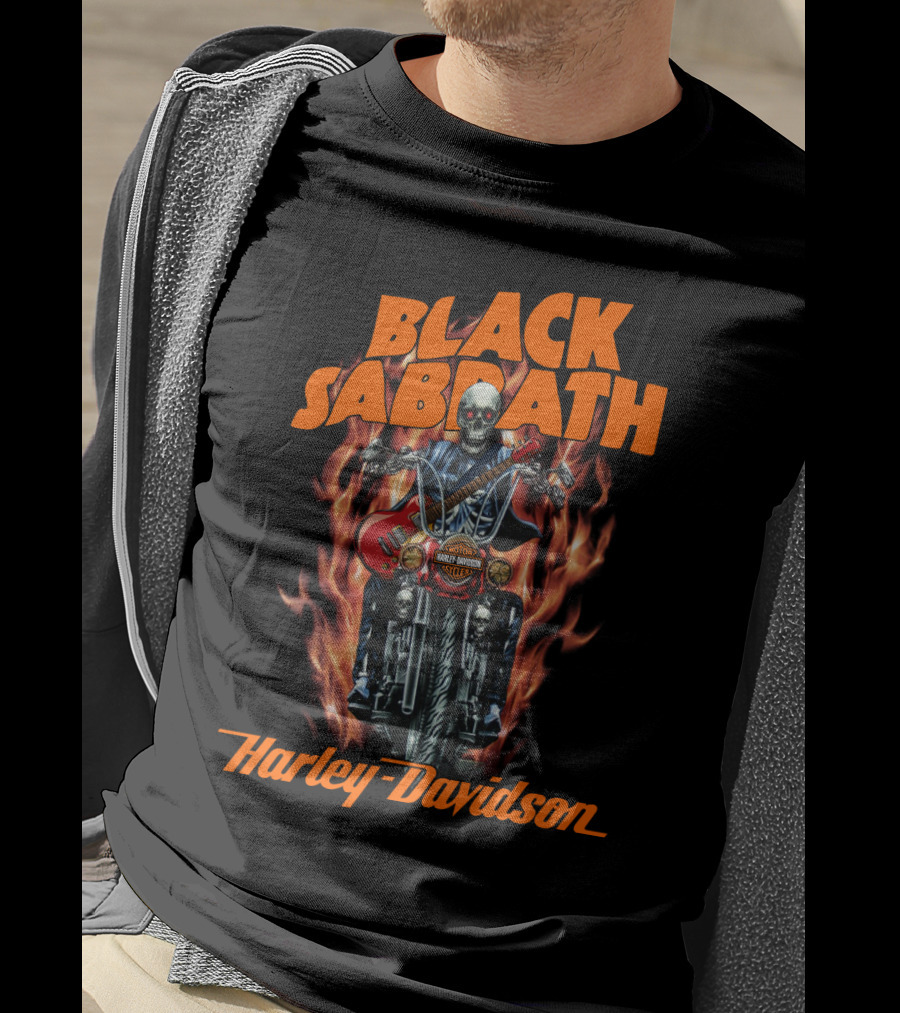 Black Sabbath Harley Davidson Skeleton Guitar Flames T-Shirt