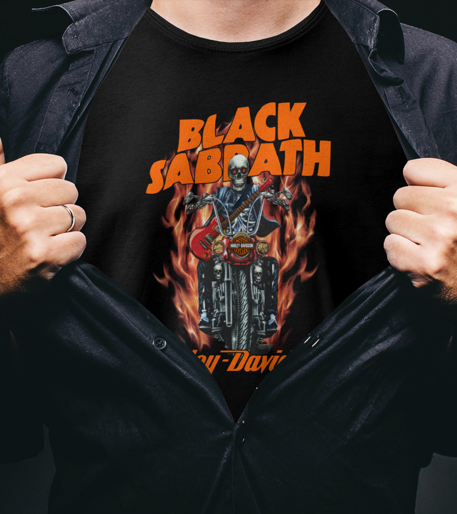 Black Sabbath Harley Davidson Skeleton Guitar Flames T-Shirt
