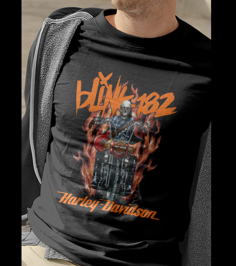 Blink 182 Harley Davidson Skeleton Guitar Flames T-Shirt