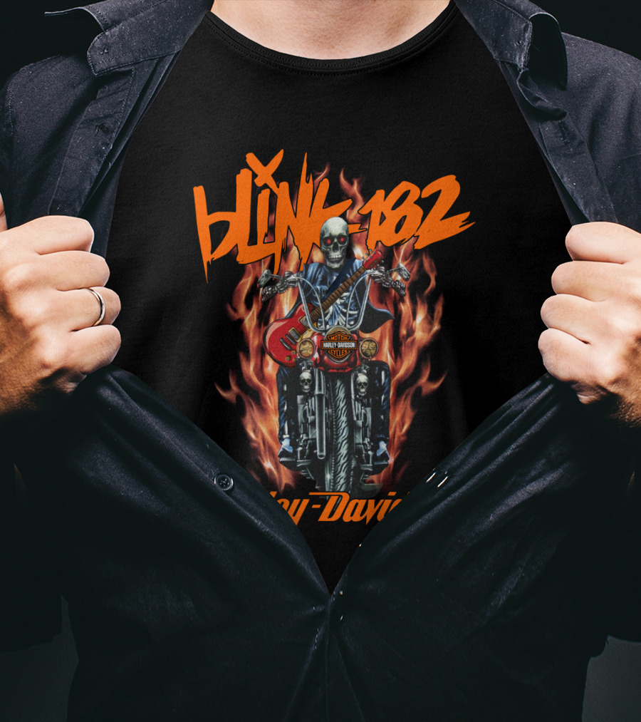 Blink 182 Harley Davidson Skeleton Guitar Flames T-Shirt