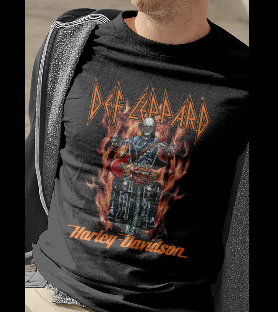 Def Leppard Harley Davidson Skull Flame Motorcycle T-Shirt